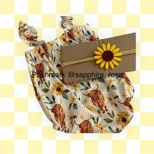 Highland Cow Sunflower Baby Girl Bubble Romper NB Country Girl Clothes Headband